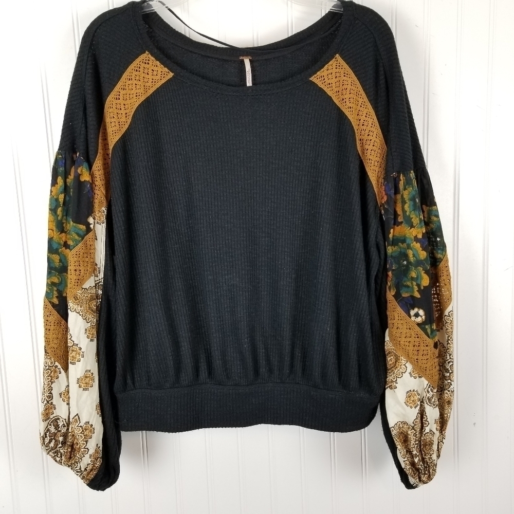 Free People Casual Clash Top Size Small Lace Floral Balloon Termal Boho Prairie - Picture 2 of 10